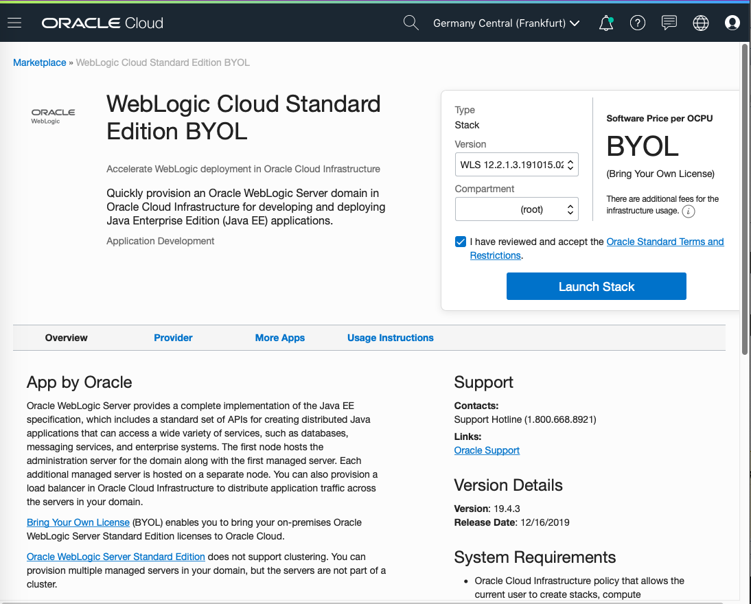 Oracle Cloud - Create WebLogic instance with database service or ATP database from marketplace image