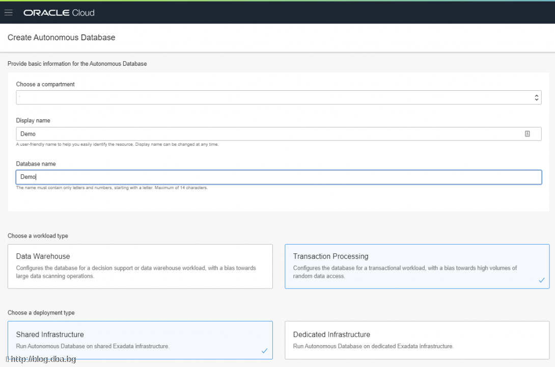 Oracle Cloud with WebLogic and ATP database - Create a new ATP database