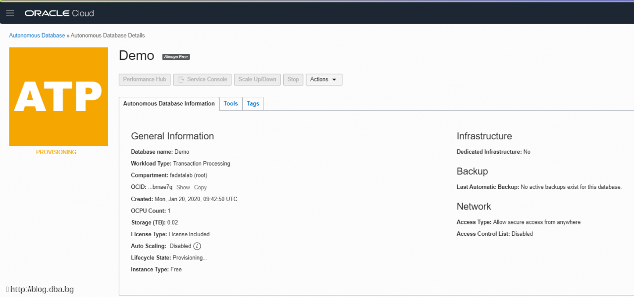 Oracle Cloud with WebLogic and ATP database - Create a new ATP database